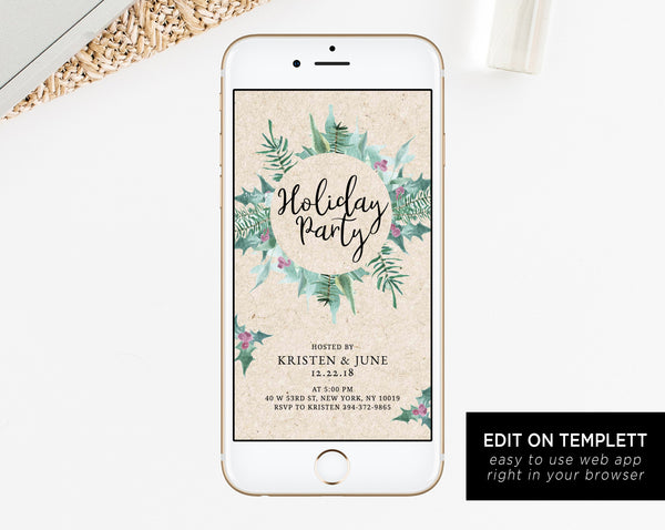 Holiday Party Electronic Invitation Template, Mobile Christmas Party Invite, Phone Invitation, Editable Phone Invite, Templett