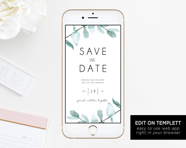 Electronic Save the Date Template, Mobile Save the Date, Phone Invite, Greenery Phone Save the Date, Editable Template, Templett, W21