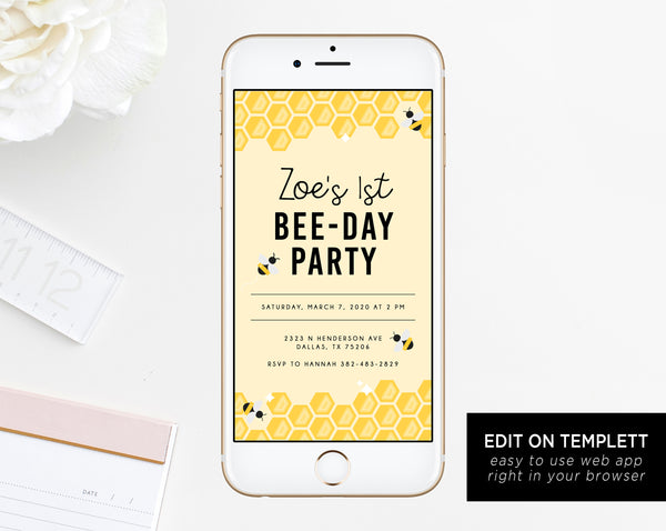 Bee Day Electronic Invitation Template, Bumble Bee Birthday Mobile Invite, Honeycomb Birthday Phone Invitation, Instant Download, Templett