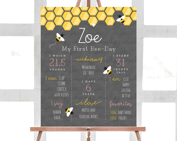 Printable Bee Day First Birthhday Chalkboard Sign Template, Bee Day 1st Birthday Milestone Chalkboard Poster, Editable Sign, Templett