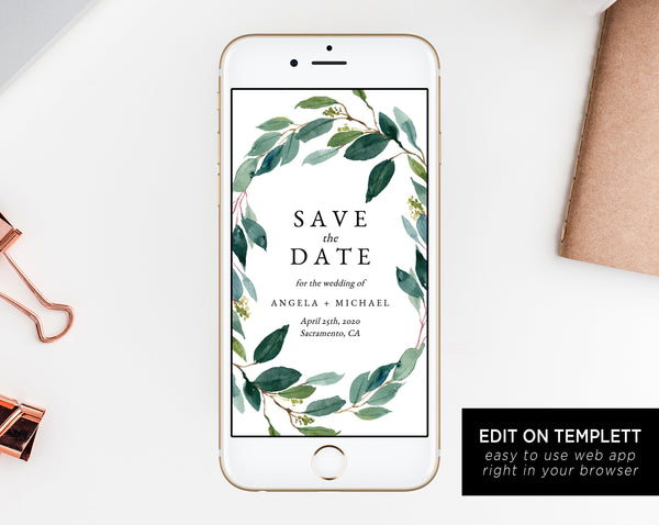 Greenery Electronic Save the Date Template, Mobile Save the Date, Phone Invite, Phone Save the Date, Editable Template, Templett W28