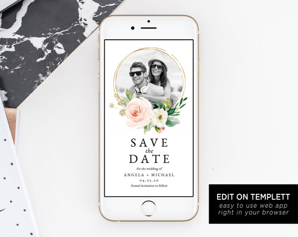 Blush Floral Electronic Save the Date Template, Mobile Save the Date with Picture, Phone Invite, Phone Photo Save the Date, Templett, W29