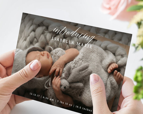 INSTANT DOWNLOAD Photo Birth Announcement Card, Introducing Baby Cards, 5x7 Photo Card Template, Printable Newborn Baby Cards,  Templett
