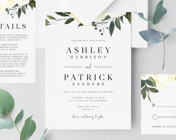 Wedding invitation template, Printable Wedding Invitation Suite, Watercolor Floral Wedding Invitation Set, Greenery, White, Templett, W19
