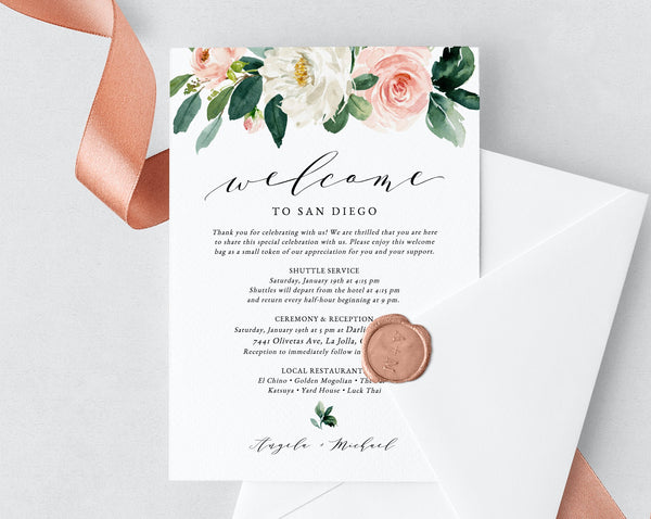 Blush Welcome Letter Template, Wedding Itinerary Card, Welcome Bag Letter, Wedding Agenda, Printable Hotel Welcome Note, Templett, W29