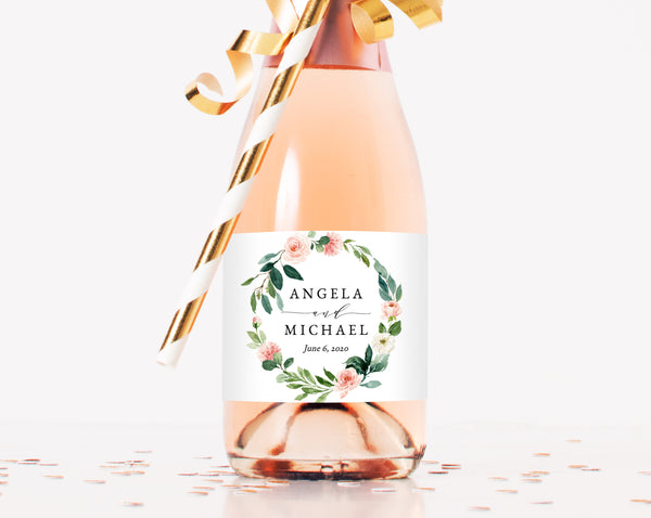 Mini Champagne Bottle Label Template, Blush Floral Wedding Mini Champagne Sticker, W29 | Instant Download Editable Template, Templett