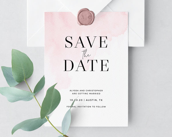 Save the Date Template, Blush Save the Date Printable, Pink Watercolor Save the Date, Simple Invitation Template, Templett, W14, W17