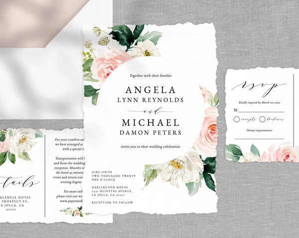 Wedding Invitation Template, Printable Wedding Invitation Suite, Blush Flowers Wedding Invitation Set, Floral Wedding, Templett, W29E