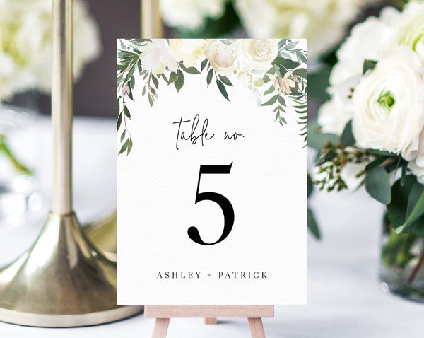 Wedding Table Number Template, Printable Wedding Table Numbers, Floral Table Numbers Card Template, Greenery, Templett, W19