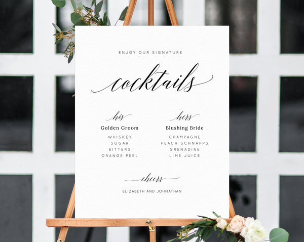 Wedding Signature Cocktails Sign Template, Editable His and Hers Signature Drinks Menu Sign, Wedding Bar, Instant Download, Templett, W02