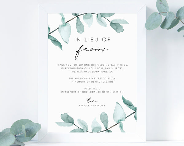 In Lieu of Favors Sign Template, Greenery In Lieu of Favors Sign, Editable In Lieu of Favors Sign, Wedding Donation Sign, Templett, W21