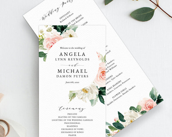 Floral Wedding Program Template, Printable Wedding Program, Blush Wedding Program, Editable Ceremony Programs, Instant, Templett, W29
