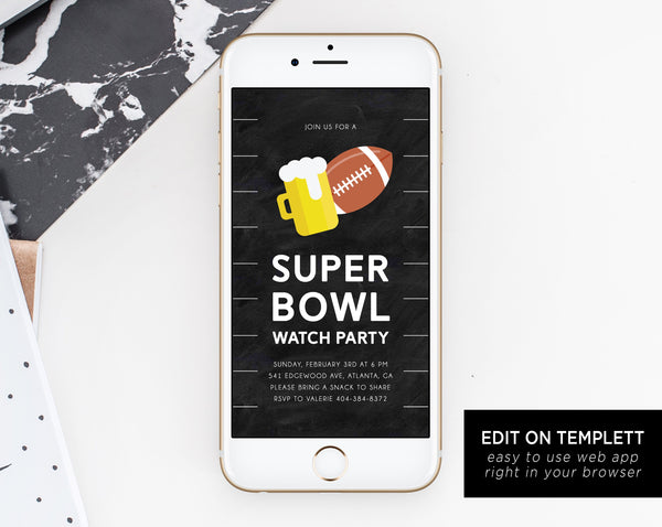Super Bowl Watch Party Electronic Invitation Template, Mobile Super Bowl Party Invite, Football Watch Party Phone Invitation, Templett