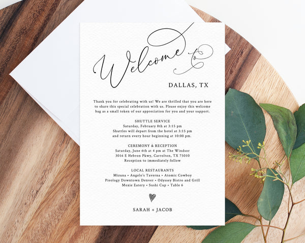 Welcome Letter Template, Wedding Itinerary Card, Welcome Bag Letter, Wedding Agenda, Printable Hotel Welcome Note, Templett, W30