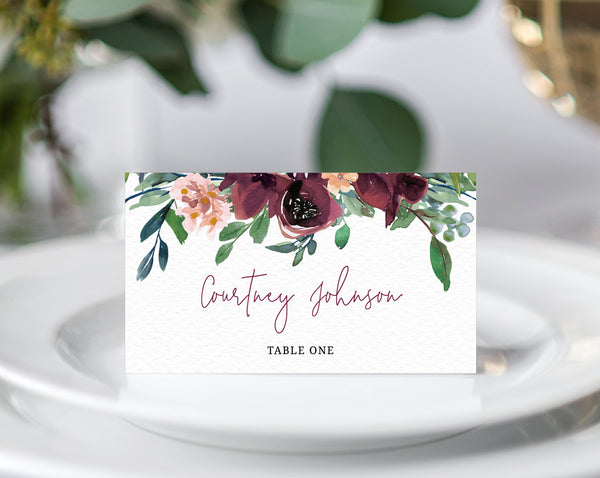Burgundy Wedding Place Cards Template, Seating Card, Boho Wedding Escort Cards, Printable Tent Cards, Instant Download, Templett, W32