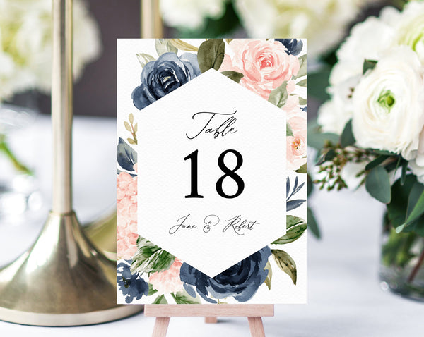 Navy & Blush Floral Wedding Table Number Template, Printable Navy Wedding Table Numbers, Floral Table Numbers Card Template, Templett, W34