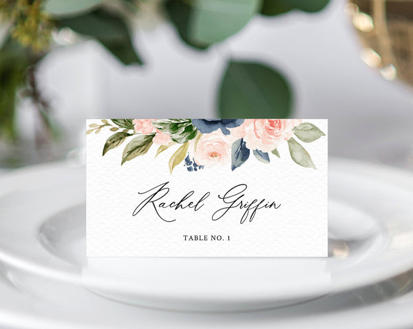 Navy & Blush Wedding Place Cards Template, Seating Card, Navy Wedding Escort Cards, Printable Tent Cards, Instant Download, Templett, W34