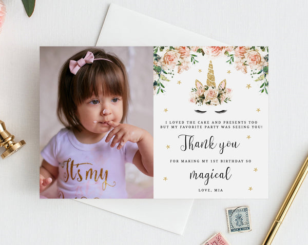 Unicorn Birthday Thank You Card Template, Unicorn Thank You Photo Card, Unicorn First Birthday Card, Instant Download, Templett, B04