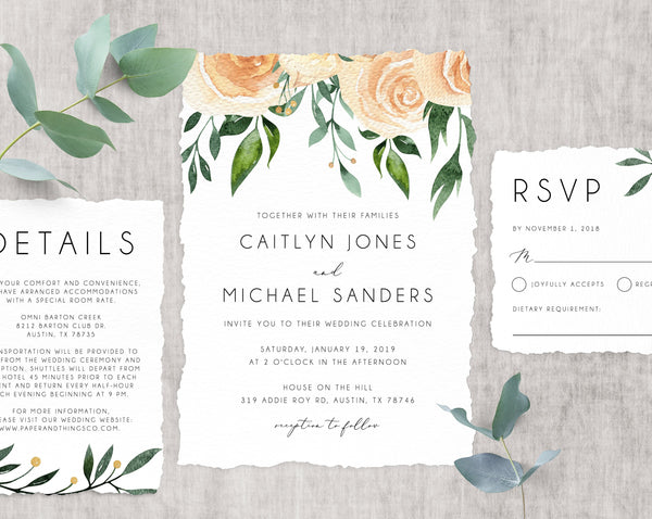 Wedding Invitation Template, Printable Peach Floral Wedding Invitation, Orange Flowers Invitation Set, Templett, Instant Download, W04B