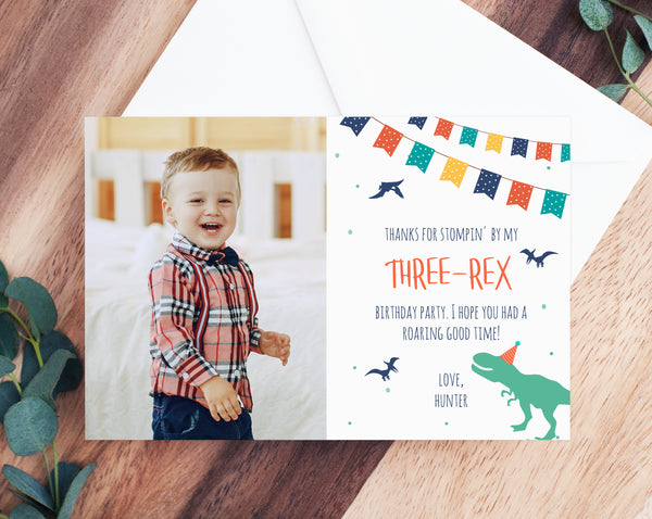 Dinosaur Birthday Thank You Card Template, Three-Rex Party Thank You Photo Card, Dinosaur Birthday Card, Instant Download, Templett, B12