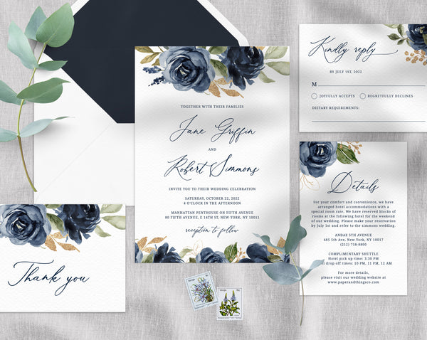 Navy and Gold Wedding Invitation Template, Navy and Gold Printable Wedding Invitation, Navy Floral Wedding Invitation Set, Templett, W27