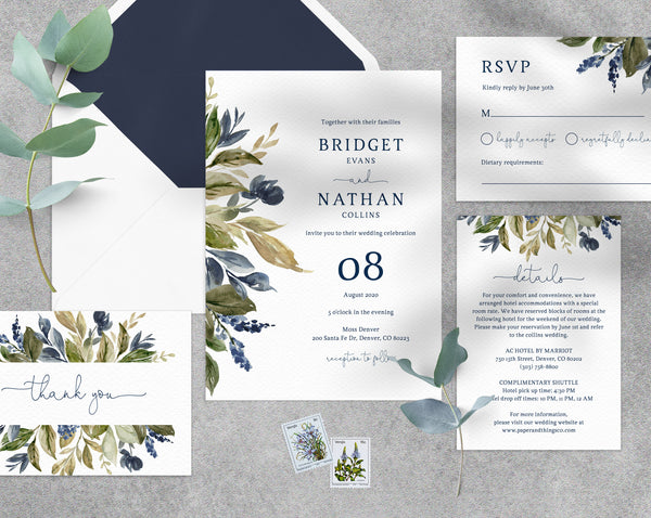 Navy & Greenery Wedding Invitation Template, Printable Wedding Invitation Suite, Wedding Invitation Set, Instant Download, Templett, W10