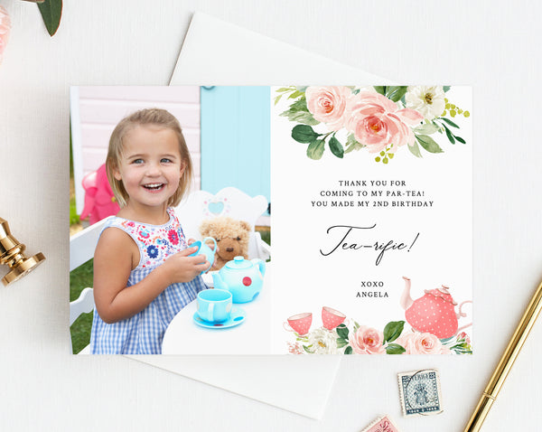 Tea Party Thank You Card Template, Tea For Two Birthday Thank You Photo Card, Partea Birthday Card, Instant Download, Templett