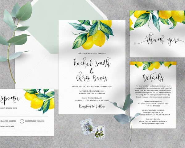 Lemon Wedding Invitation Template, Printable Citrus Wedding Invitation, Lemon Wedding Invitation Set, Templett, Instant Download, W37