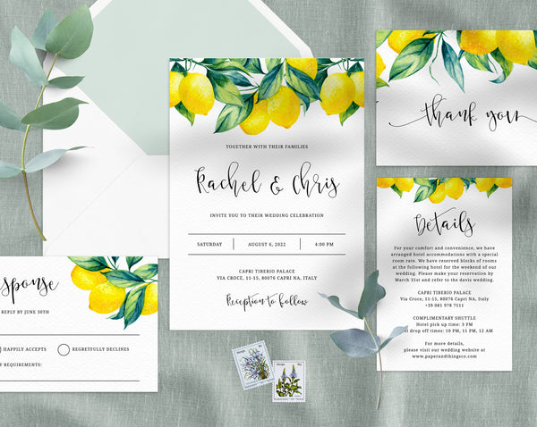 Lemon Wedding Invitation Template, Printable Citrus Wedding Invitation, Lemon Wedding Invitation Set, Templett, Instant Download, W37