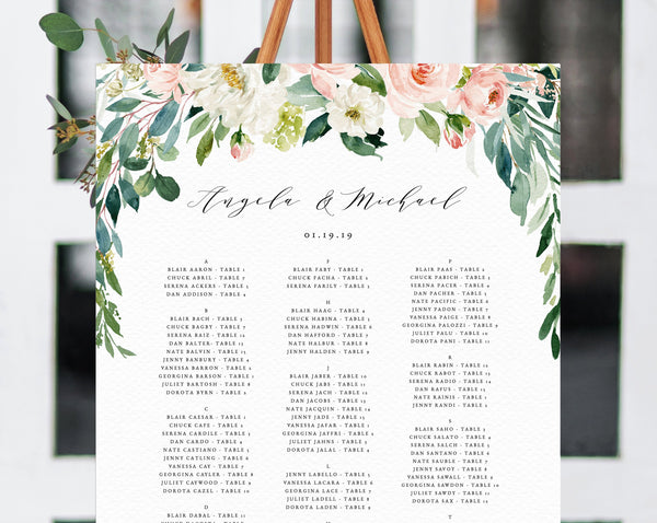 Wedding Seating Chart Template, Alphabetical Seating Chart, Greenery Wedding Seating Board, Blush Floral, Instant Download, Templett, W21