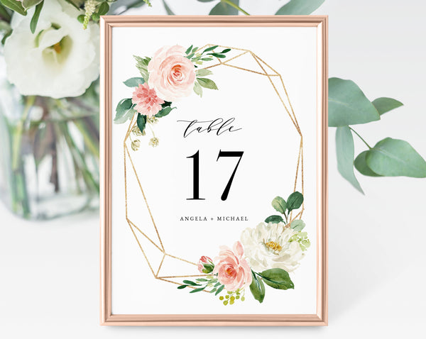 Blush Floral Wedding Table Number Template, Printable Wedding Table Numbers, Floral Table Numbers Card Template, Templett, W29