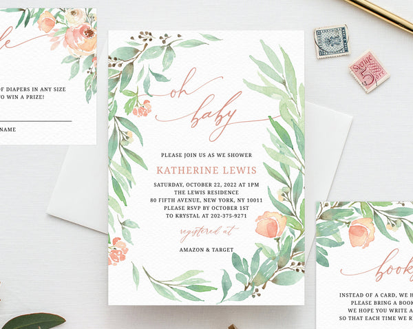 Peach Floral Baby Shower Invitation Template, Printable Floral Baby Shower Invitation Set,Instant Download, Templett, B39