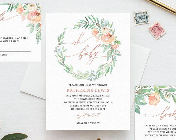 Peach Floral Baby Shower Invitation Template, Printable Floral Baby Shower Invitation Set,Instant Download, Templett, B39
