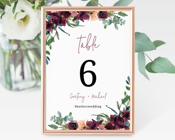 Burgundy Floral Wedding Table Number Template, Printable Boho Wedding Table Numbers, Floral Table Numbers Card Template, Templett, W32