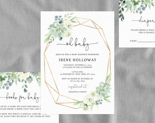 Succulent Baby Shower Invitation Template, Printable Baby Shower Invitation, Succulent Greenery Invitation, Instant Download, Templett, B40