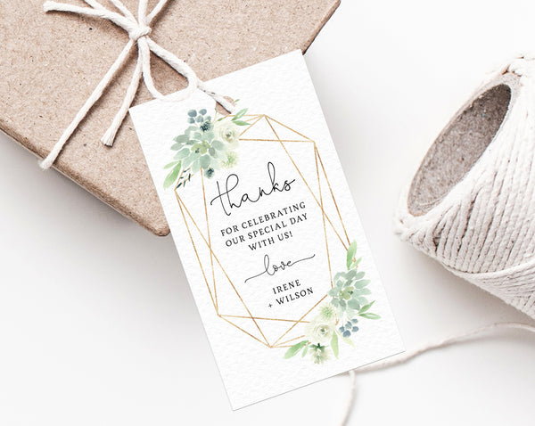Succulent and Gold Favor Tag Template, Thank You Tag, Wedding Favor Ta