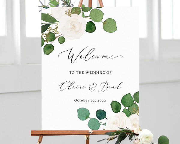 Eucalyptus & White Floral Wedding Welcome Sign Template, Welcome to the Wedding Printable, Welcome Board, Instant Download, Templett, W42