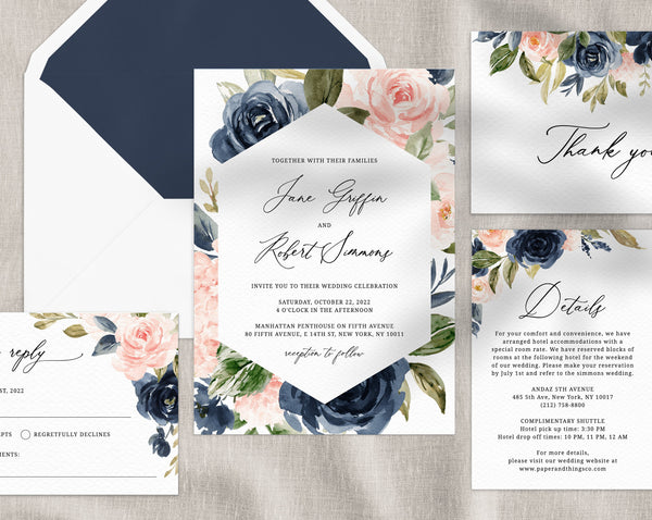 Navy & Blush Wedding Invitation Template, Printable Wedding Invitation Suite, Navy Wedding Invitation Set, Floral Wedding, Templett, W34