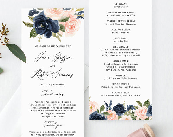 Navy & Blush Wedding Program Template, Printable Wedding Program, Editable Navy Floral Wedding Program, Instant Download, Templett, W34