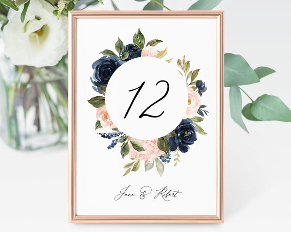 Navy & Blush Floral Wedding Table Number Template, Printable Navy Wedding Table Numbers, Floral Table Numbers Card Template, Templett, W34