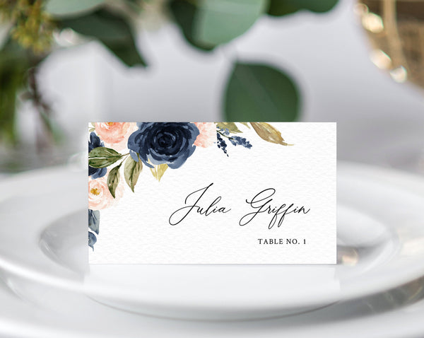 Navy & Blush Wedding Place Cards Template, Seating Card, Navy Wedding Escort Cards, Printable Tent Cards, Instant Download, Templett, W34