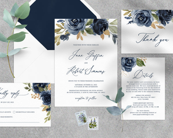Navy and Gold Wedding Invitation Template, Navy and Gold Printable Wedding Invitation, Navy Floral Wedding Invitation Set, Templett, W27