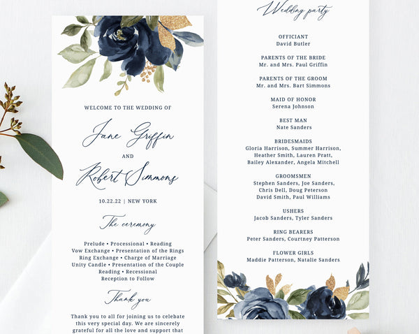 Navy & Gold Wedding Program Template, Printable Wedding Program, Editable Navy Floral Wedding Program, Instant Download, Templett, W27