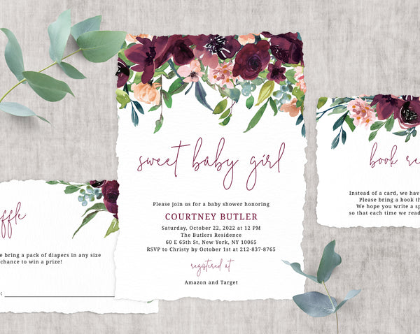 Burgundy Baby Shower Invitation Template, Printable Floral Baby Shower Invitation, Baby Shower Invitation, Baby Girl, Templett, B32