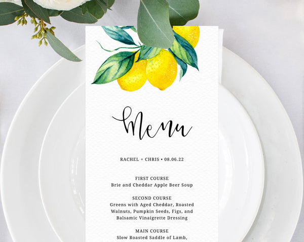 Lemon Wedding Menu Template, Printable Menu, Editable Wedding Menu, Italy Wedding Menu, DIY Wedding Menu, Instant Download, Templett, W37