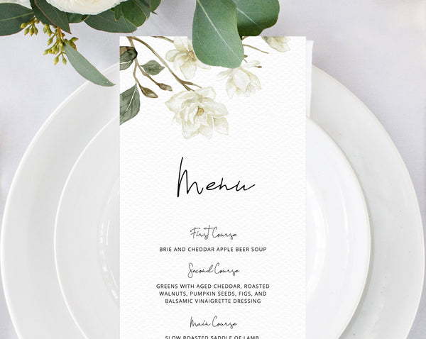 Magnolia Wedding Menu Template, Printable White Floral Menu, Editable Wedding Menu, DIY Wedding Menu, Instant Download, Templett, W35