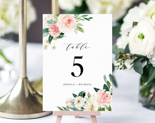 Blush Floral Wedding Table Number Template, Printable Blush Flower Wedding Table Numbers, Blush Wedding Centerpiece, Templett, W29