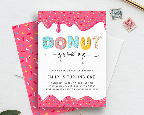 Donut Grow Up Birthday Invitation Template, Donut 1st Birthday Party Invitation, Printable Donut Themed Invite, Instant Download, Templett