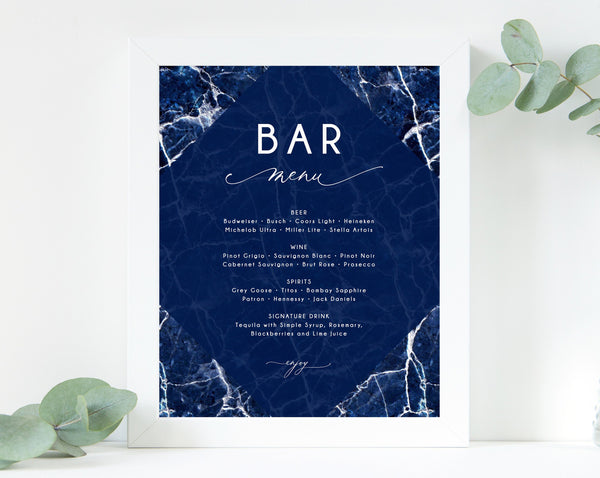 Navy Marble Bar Menu Sign, Wedding Bar Sign, Wedding Bar Menu Printable, Drink Menu Sign, Drinks Sign, Reception Decor, Templett, W38