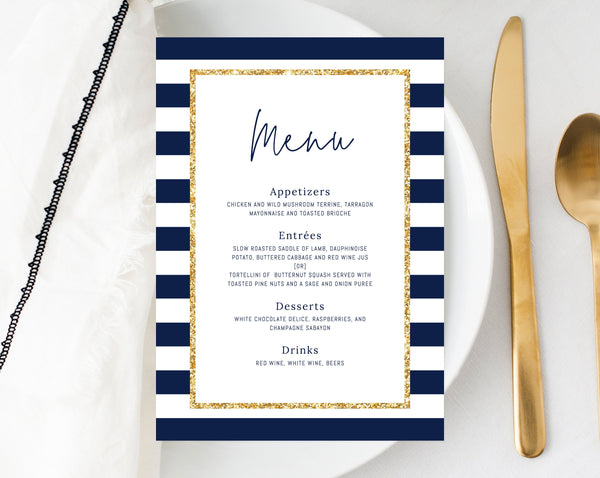 Navy Stripes Baby Shower Menu Template, Printable Baby Shower Dinner Menu, Navy and Gold Menu Card, Sign, Instant Download, Templett, B03